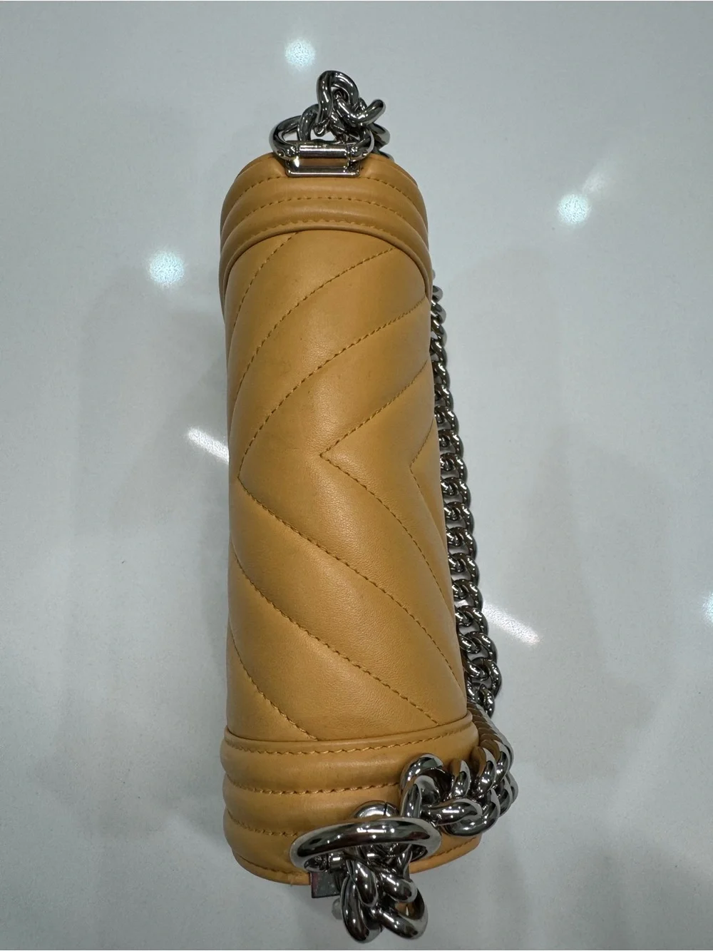 CHANEL Yellow Quilted Chevron Boy Crossbody with Silver Hardware